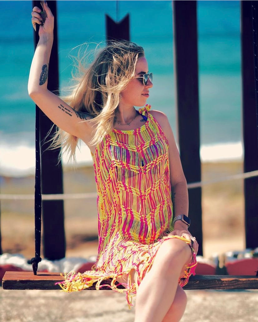 neon chevron dress Neon Yellow-White Chevron Beach Cover-Up Athletic Mesh Dress by KIM FOLEY